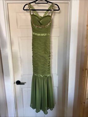 Fabian’s Couture Mermaid Gown Shirred Olive Green Chiffon Body Beaded Neckline 4